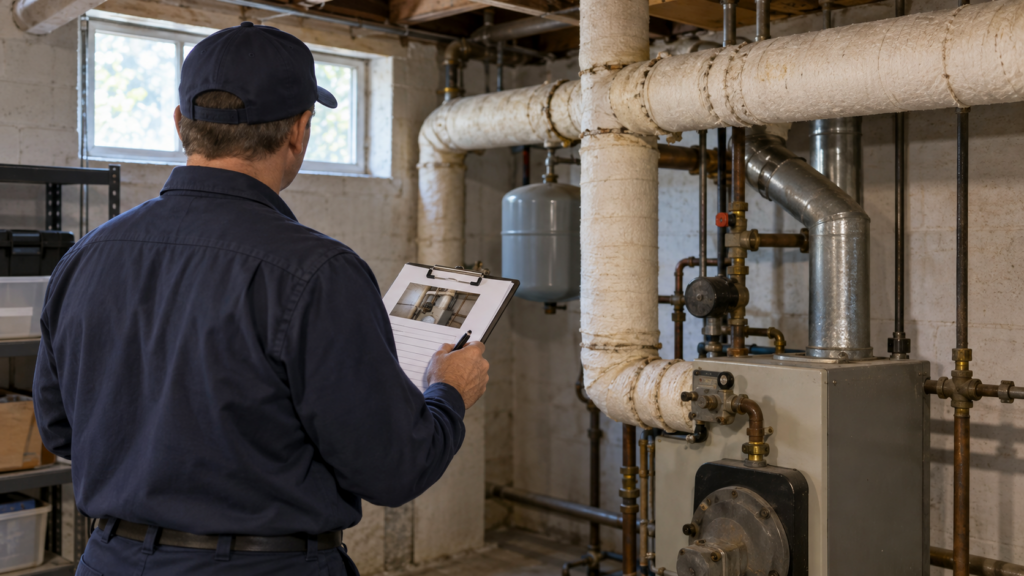 Professional documenting the condition of older pipe insulation in a home’s basement.
