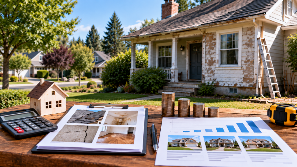 Deferred maintenance home with repair photos, calculator, cost estimates, and comparable property information used to assess value.