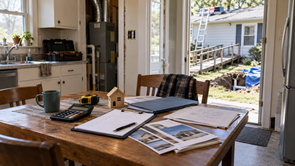 Home repair plans, calculator, and inspection documents inside a house undergoing roofing, utility, and accessibility work.
