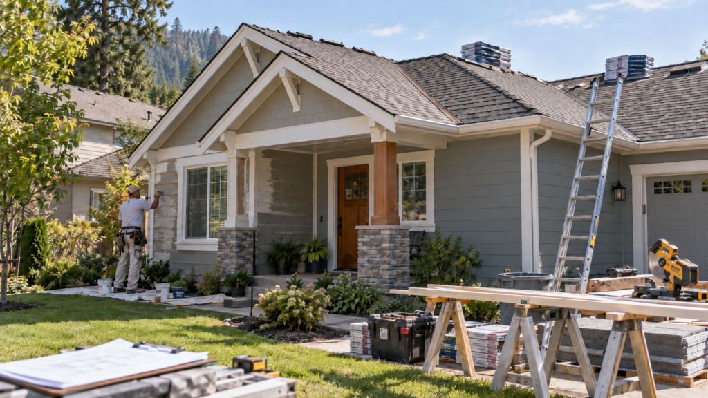 Home undergoing exterior repairs with fresh paint, tools, building materials, and a ladder before listing for sale.