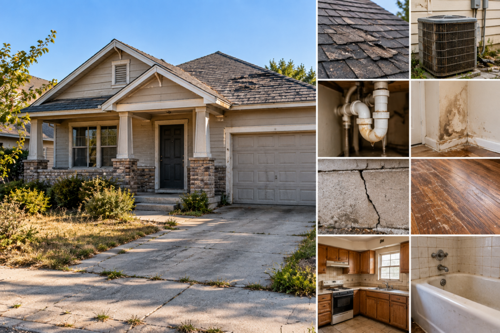 Older home with roof damage, HVAC wear, plumbing issues, water damage, foundation cracks, and dated interiors.