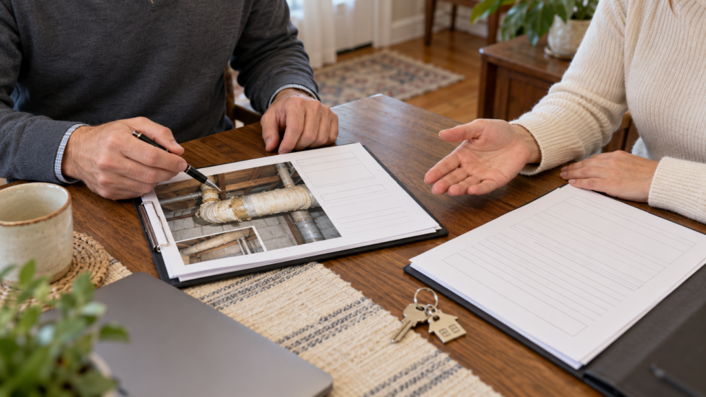 Buyer and seller reviewing a pipe insulation inspection photo and sale paperwork at a table.