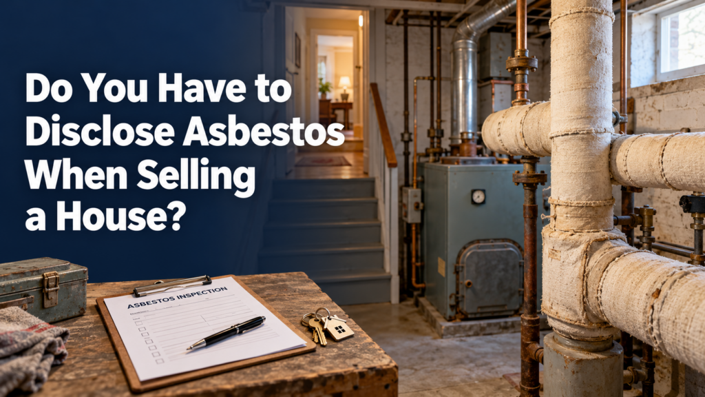 Older home’s basement with insulated pipes and the title “Do You Have to Disclose Asbestos When Selling a House?