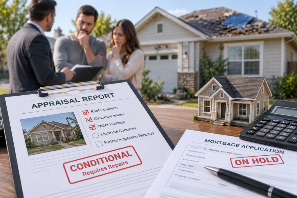 Damaged home with an appraisal report requiring repairs and a mortgage application placed on hold.