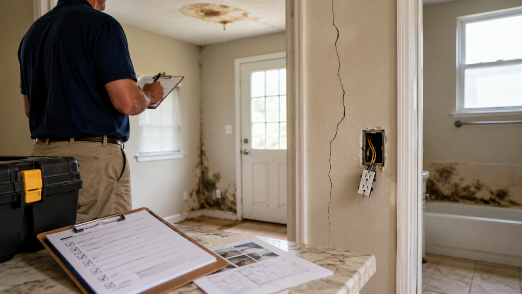 Home inspector documenting water damage, wall cracks, and electrical issues before a house sale