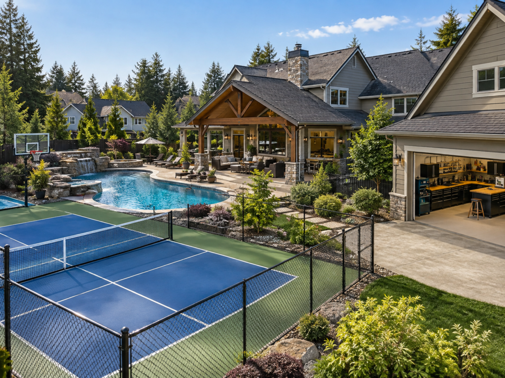 Home with a swimming pool, sport court, and large hobby space showing highly personalized property features.