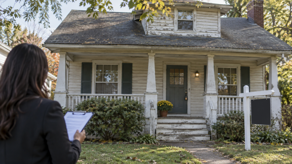 Real estate professional inspecting an older house with visible wear before listing it as-is.