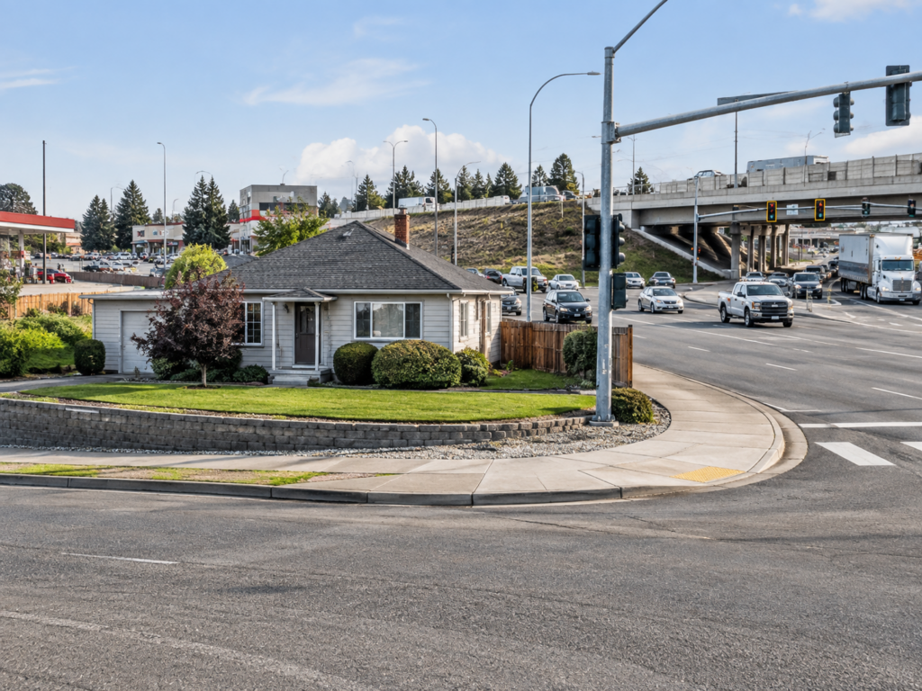 House beside a busy road, major intersection, commercial area, and freeway showing how location can affect buyer appeal.