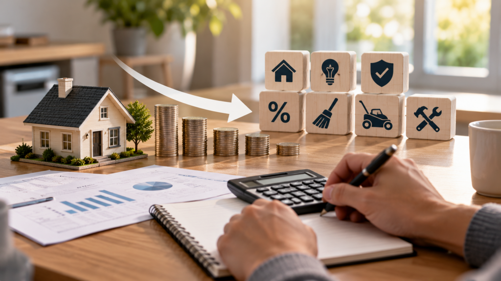Homeowner reviewing a household budget with a calculator, house model, and declining expense indicators.
