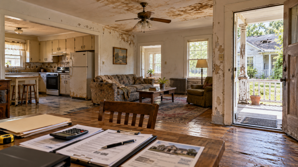 Fixer-upper home interior with peeling paint, ceiling water damage, worn flooring, and visible deferred maintenance.