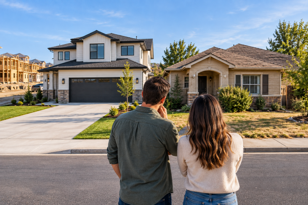 Buyers comparing a new construction home with an older resale property in a Tri-Cities neighborhood.
