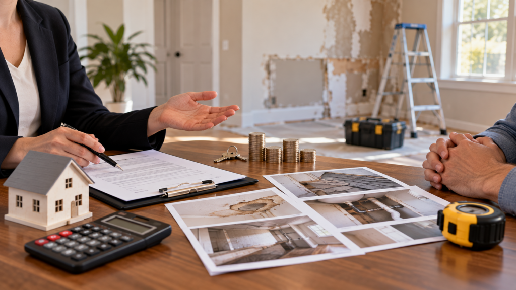 Buyer and seller reviewing repair terms and property damage while negotiating a home sale concession.