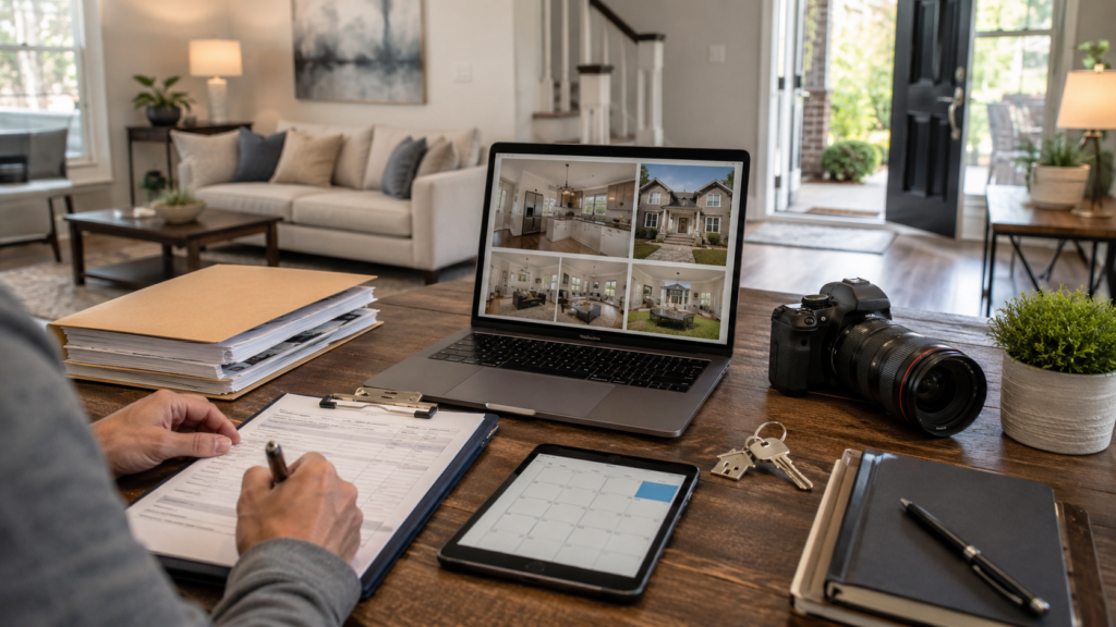 Seller preparing property documents, professional photos, keys, and a showing schedule before listing a home