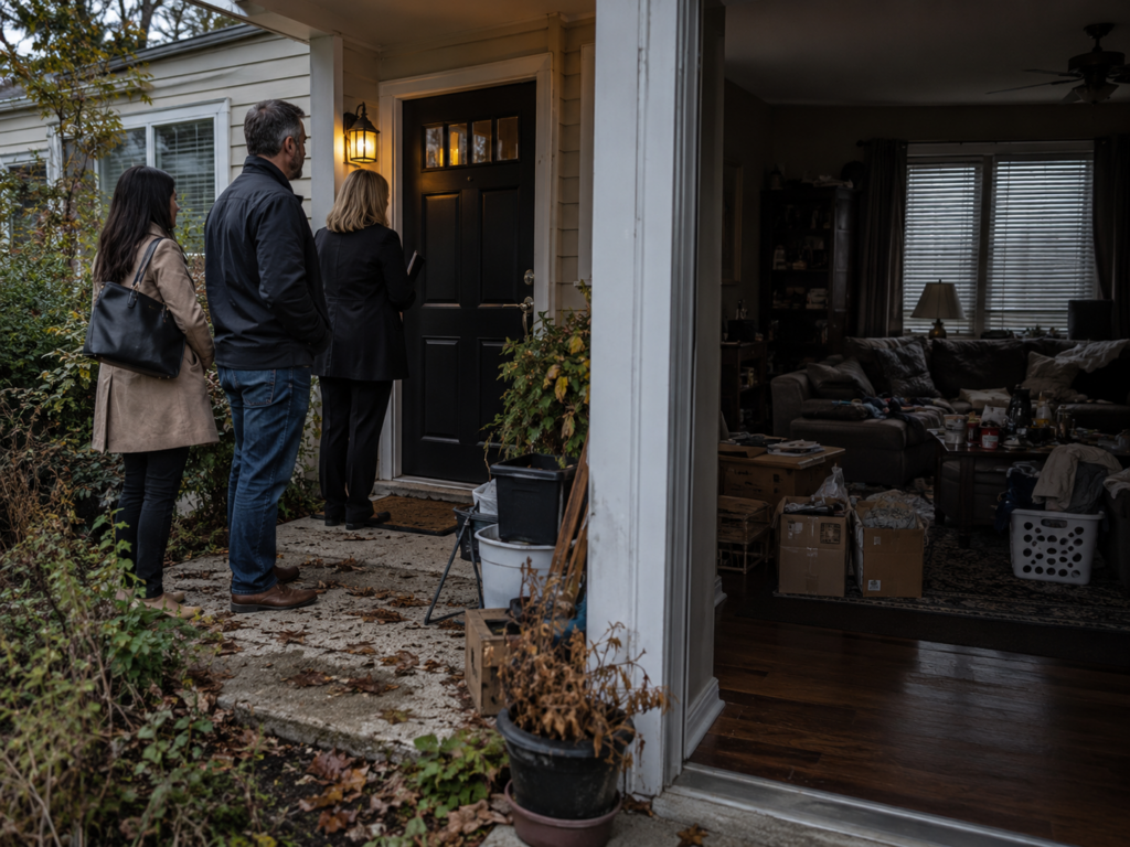 Buyers arriving at a poorly presented home with clutter, overgrown landscaping, and a dark interior.