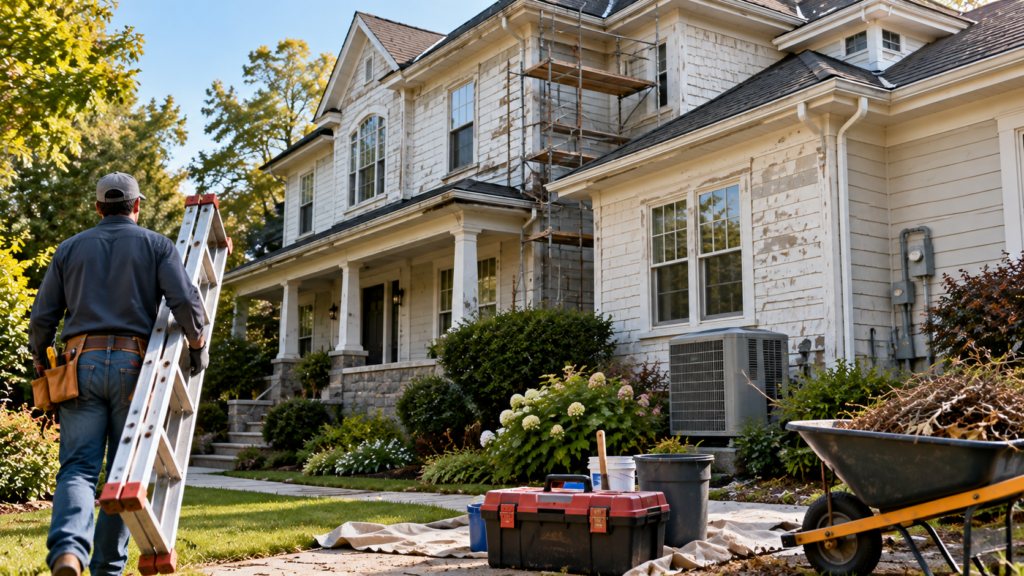 Worker carrying a ladder toward an older house that needs exterior repairs and maintenance.