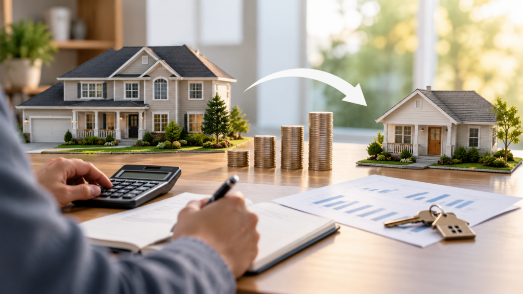 Homeowner calculating finances beside house models and coin stacks representing released home equity.
