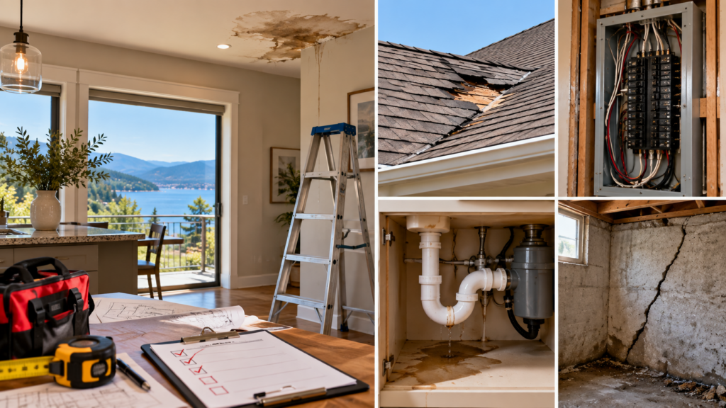 Major home repair issues including roof damage, water stains, leaking plumbing, electrical problems, and foundation cracks.