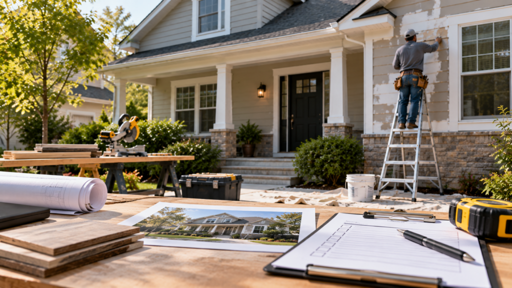 Worker repairing the exterior of a house before preparing the property for sale.