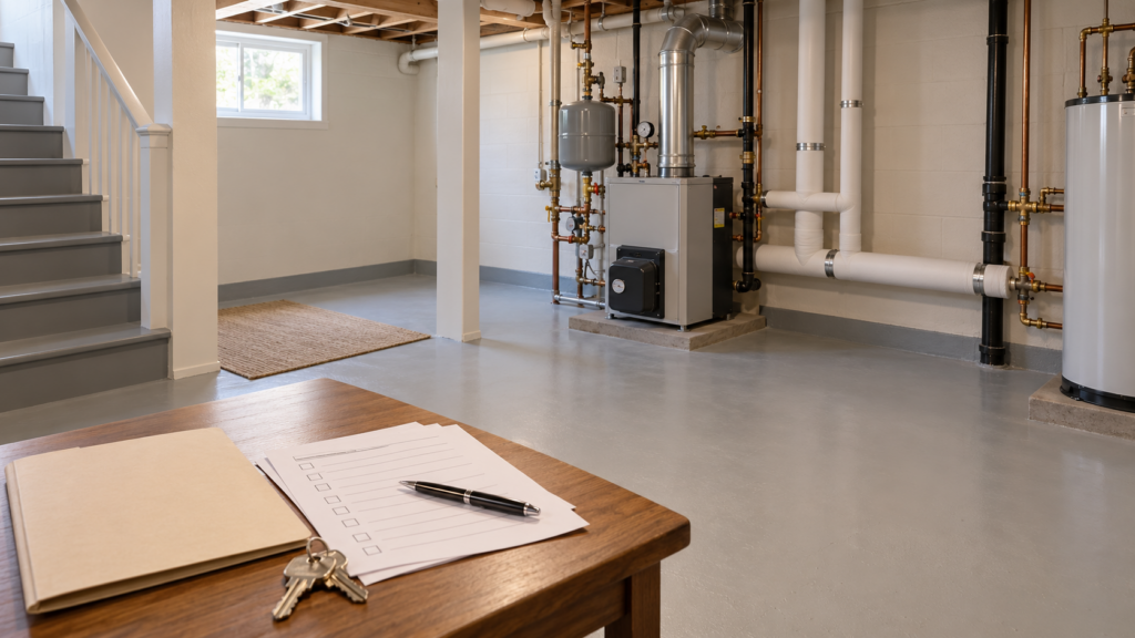Restored utility room with replacement pipe insulation, property paperwork, and house keys on a table.