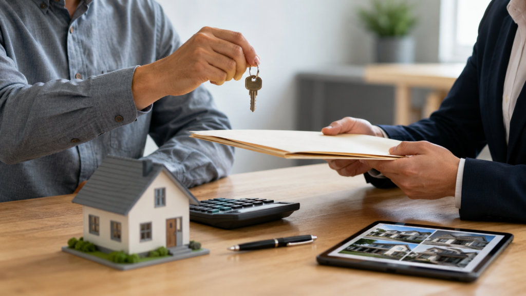 Homeowner handing over house keys while reviewing a direct cash home sale agreement