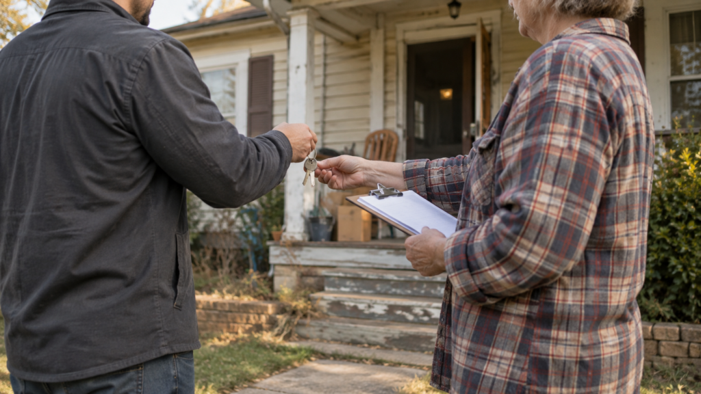 Homeowner handing over house keys during a direct sale of an older property to a cash buyer.