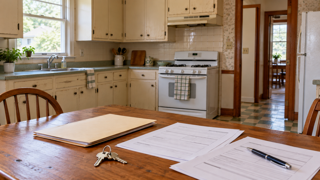 Older kitchen with worn cabinets and original flooring, with sale documents and house keys on a table.