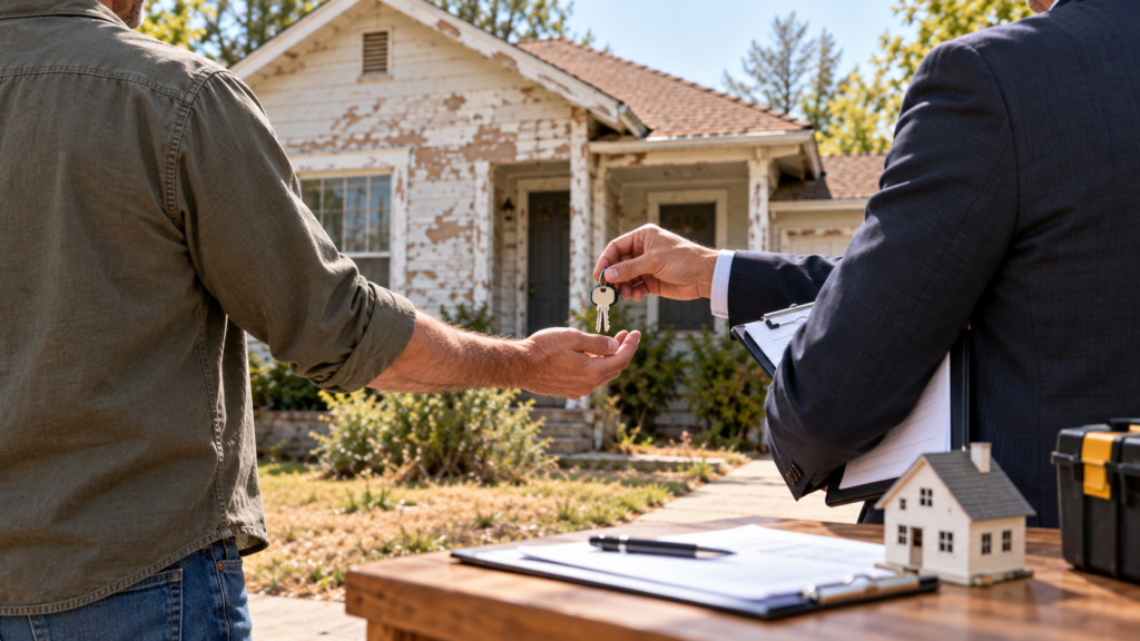 Homeowner receiving house keys during an as-is property sale in front of a home with visible deferred maintenance.