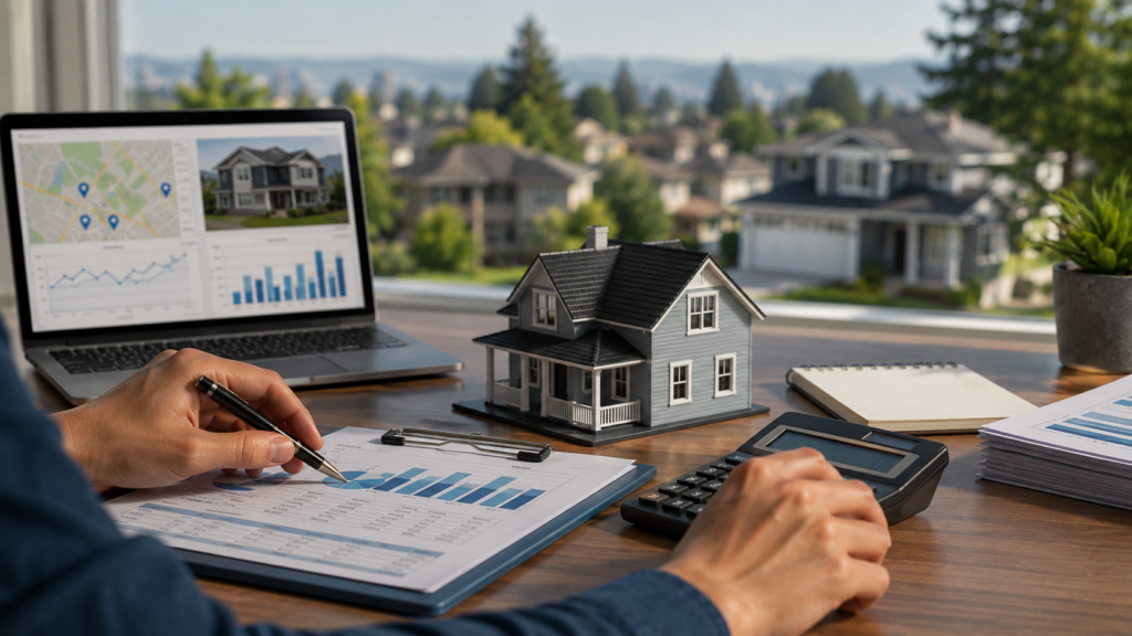 Home seller reviewing comparable property prices and market data before setting an asking price