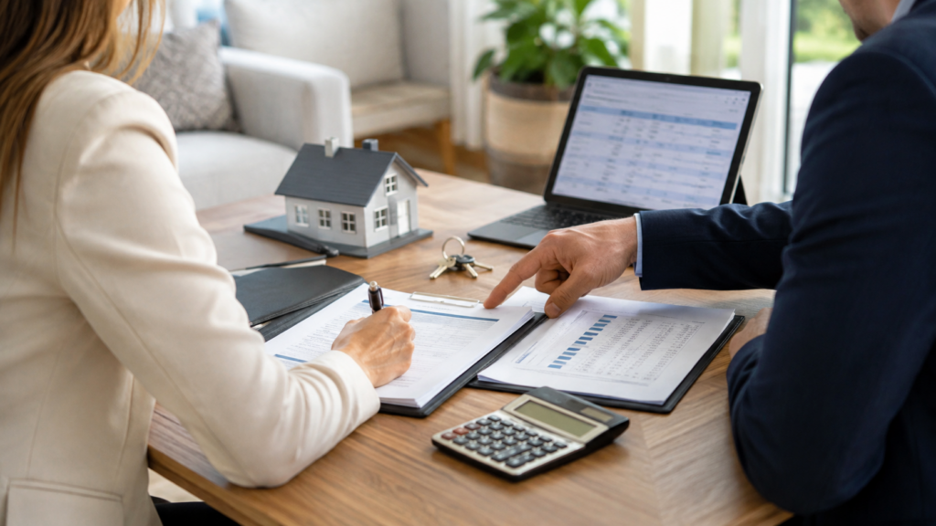 Buyer and seller reviewing home sale documents and costs while discussing a seller concession