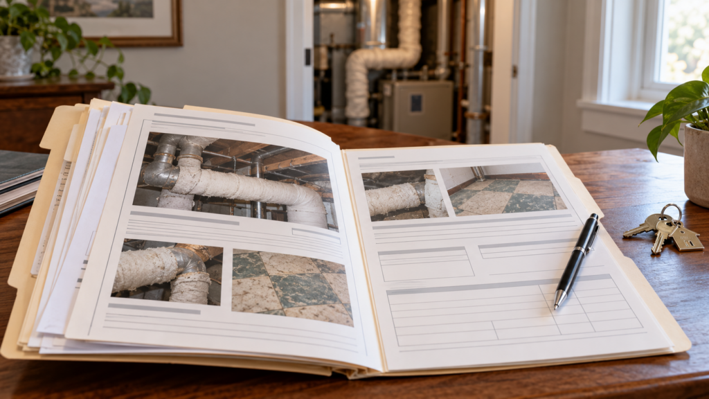 Open property inspection folder with photos of insulated pipes and older floor tiles beside house keys