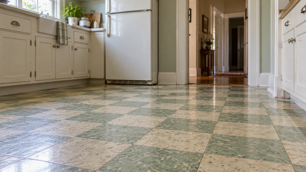 Older kitchen with intact green and cream floor tiles that may contain asbestos.