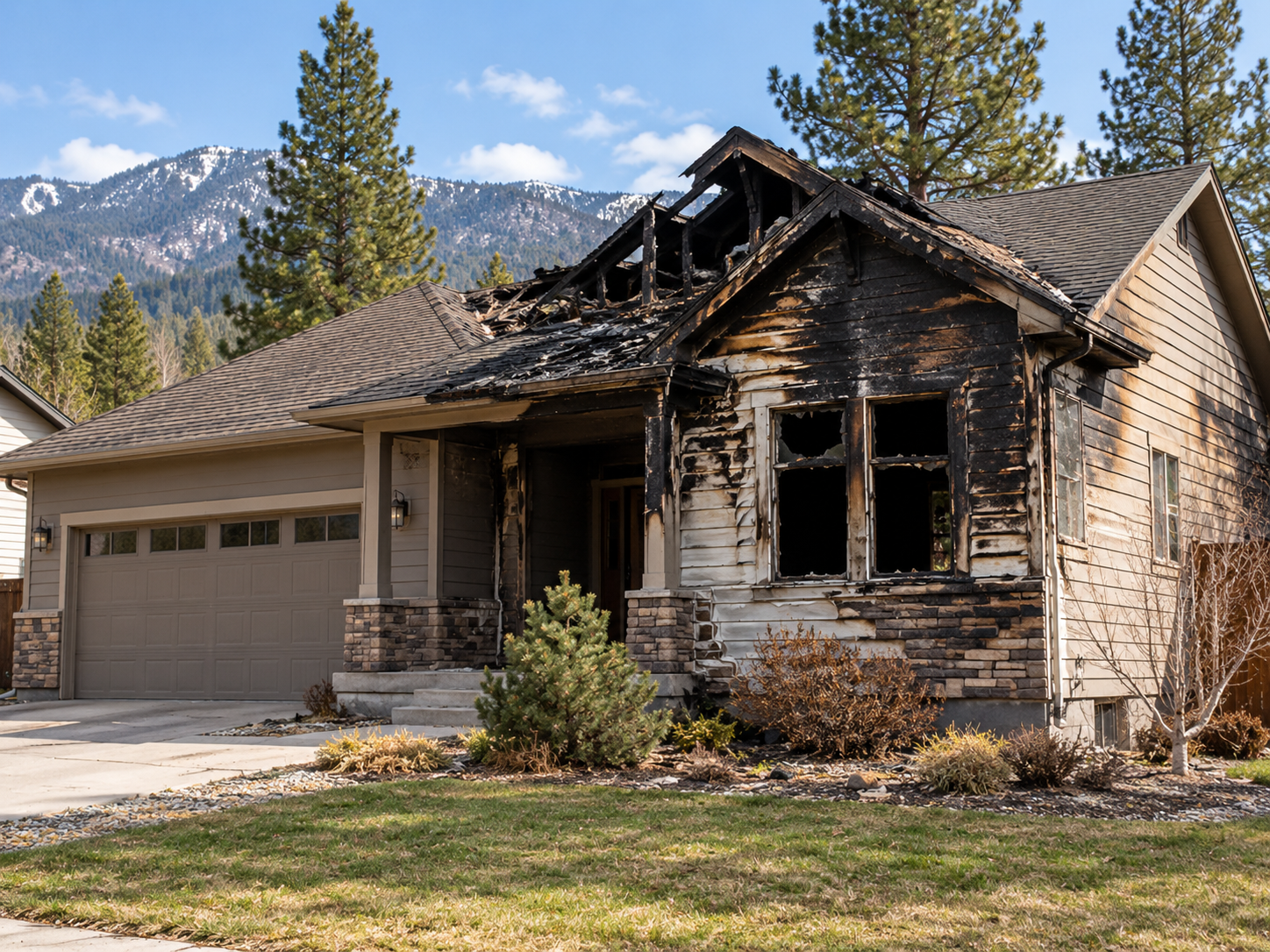 Fire-damaged house in Idaho with visible roof, siding, and window damage after a residential fire.