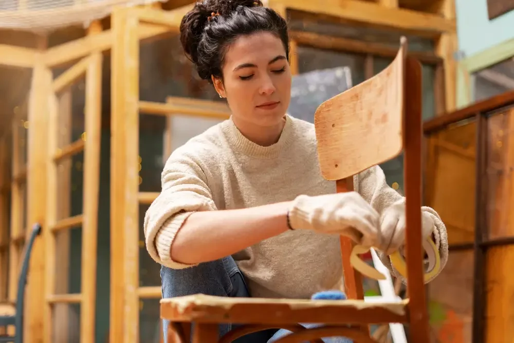 Woman restoring a wooden chair with tape.