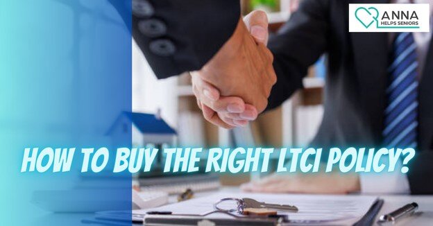 Men shaking hands with a caption of how to buy the right LTCI policy.