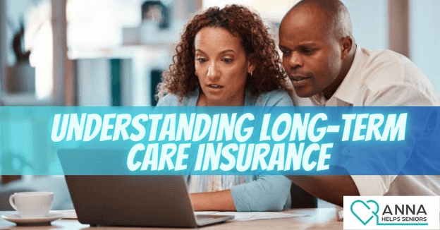 Couple looking at a computer with a caption stating understanding long-term care insurance.