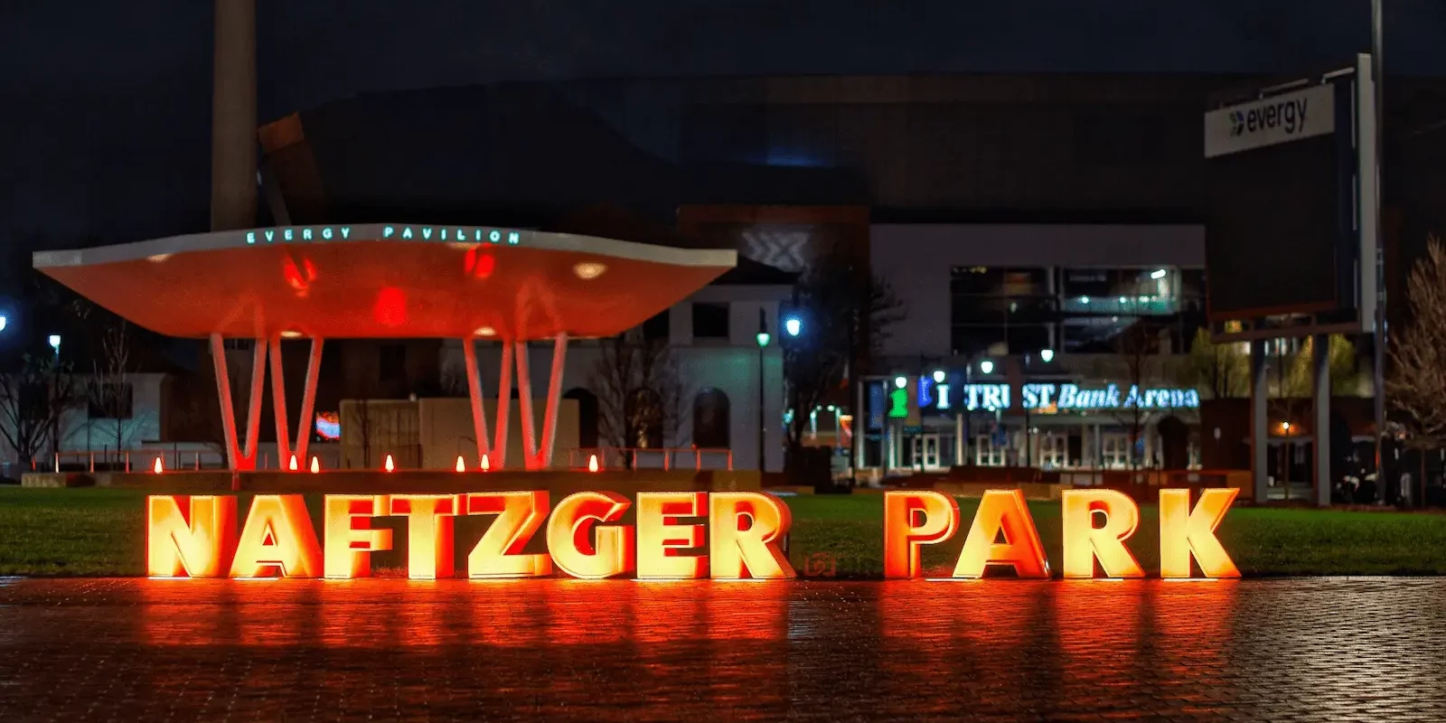 Naftzger Park in downtown Wichita at night — Home Buyers ICT, cash home buyers serving Wichita KS.