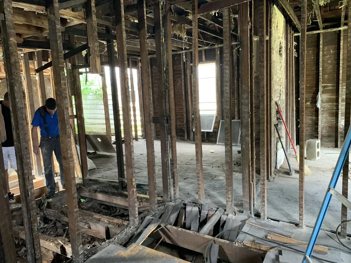 During renovation: Structure with exterior walls removed on MLK Blvd, Lexington KY