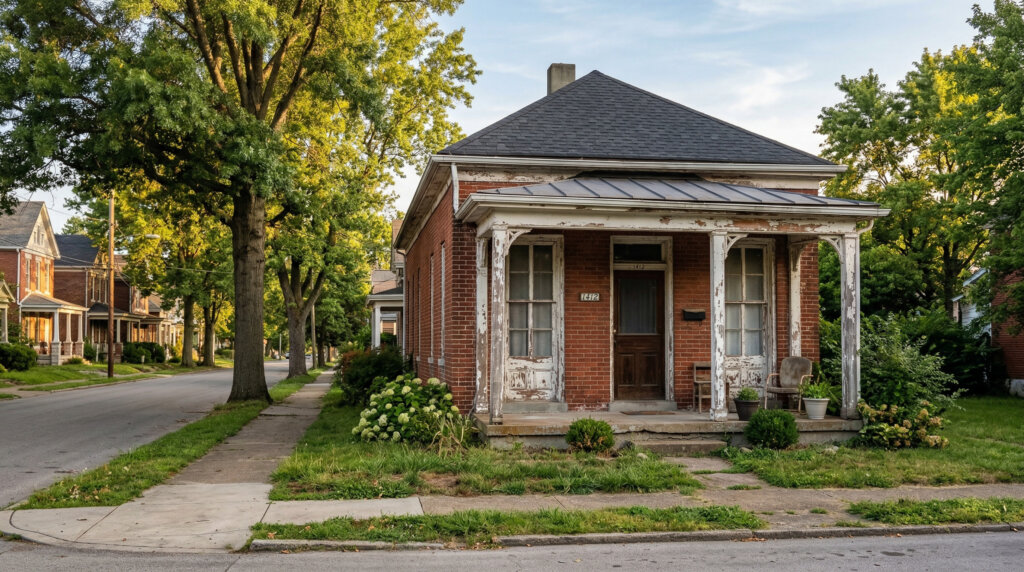 Pre-1960s brick home in Louisville with peeling paint on porch columns and window trim, typical of houses affected by...