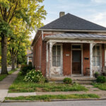 Pre-1960s brick home in Louisville with peeling paint on porch columns and window trim, typical of houses affected by...