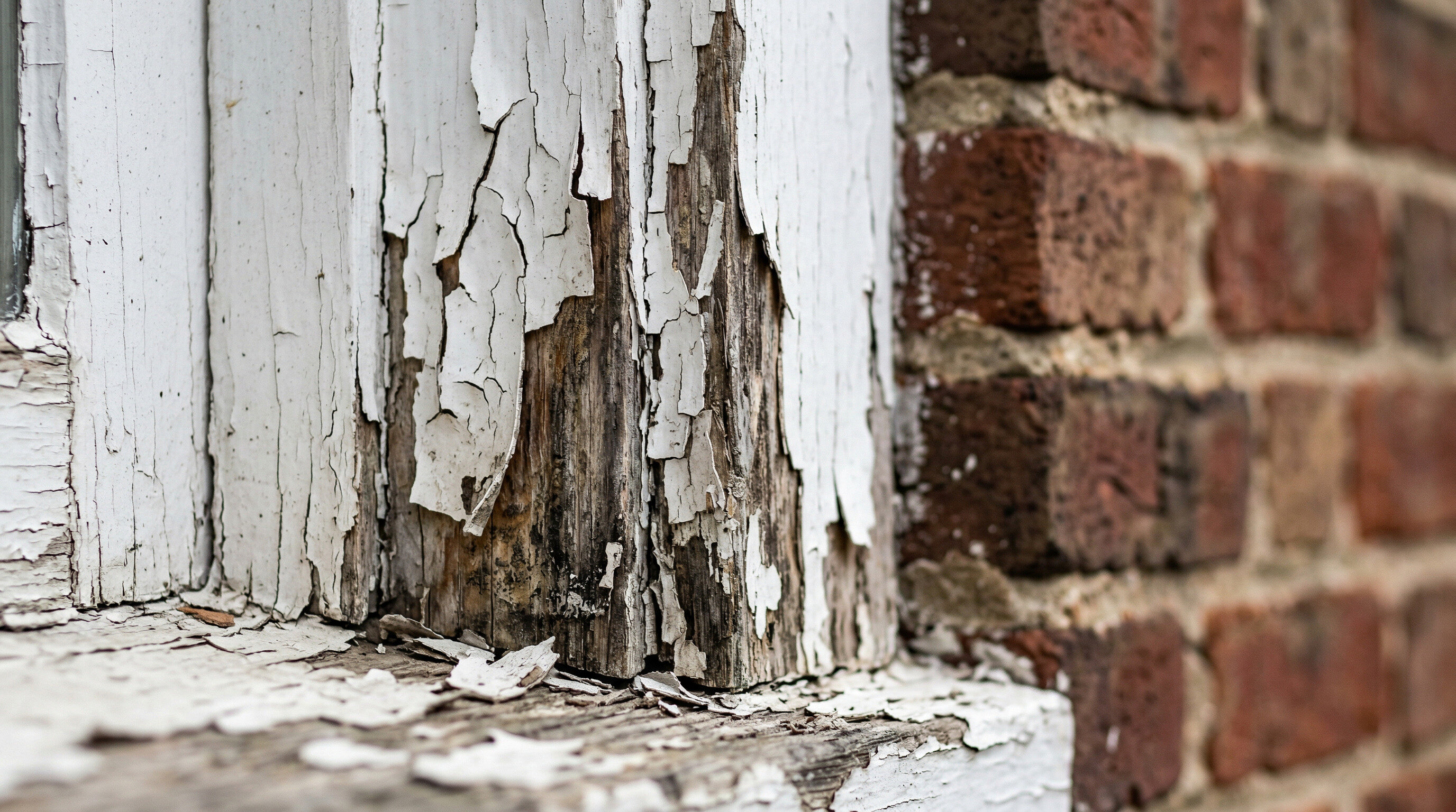 Close-up of deteriorating lead paint peeling from a wooden window frame on an older brick home