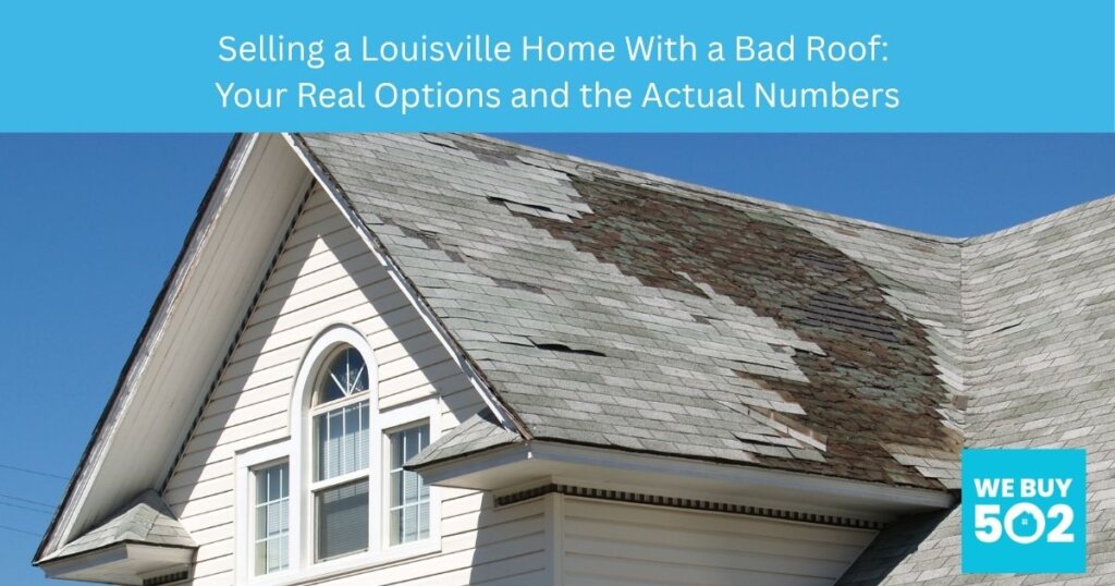 Damaged roof with missing shingles on a Louisville Kentucky home