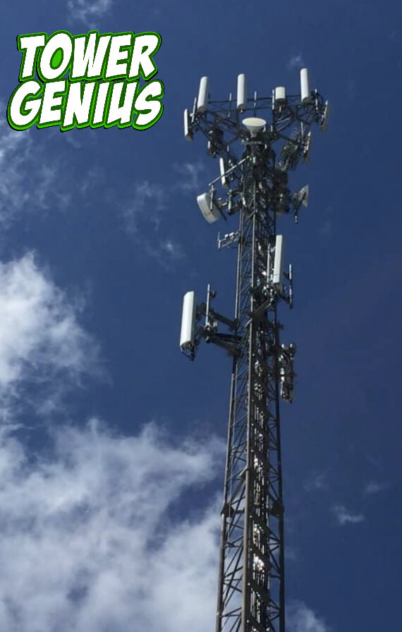 How to negotiate a cell tower lease? Photo of a lattice cell phone tower with the Tower Genius Logo.