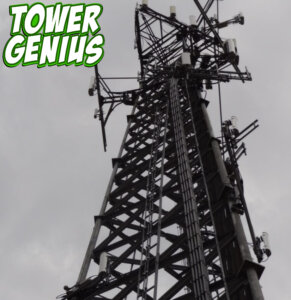 Cell tower lease cell tower picture with logo of Tower Genius.