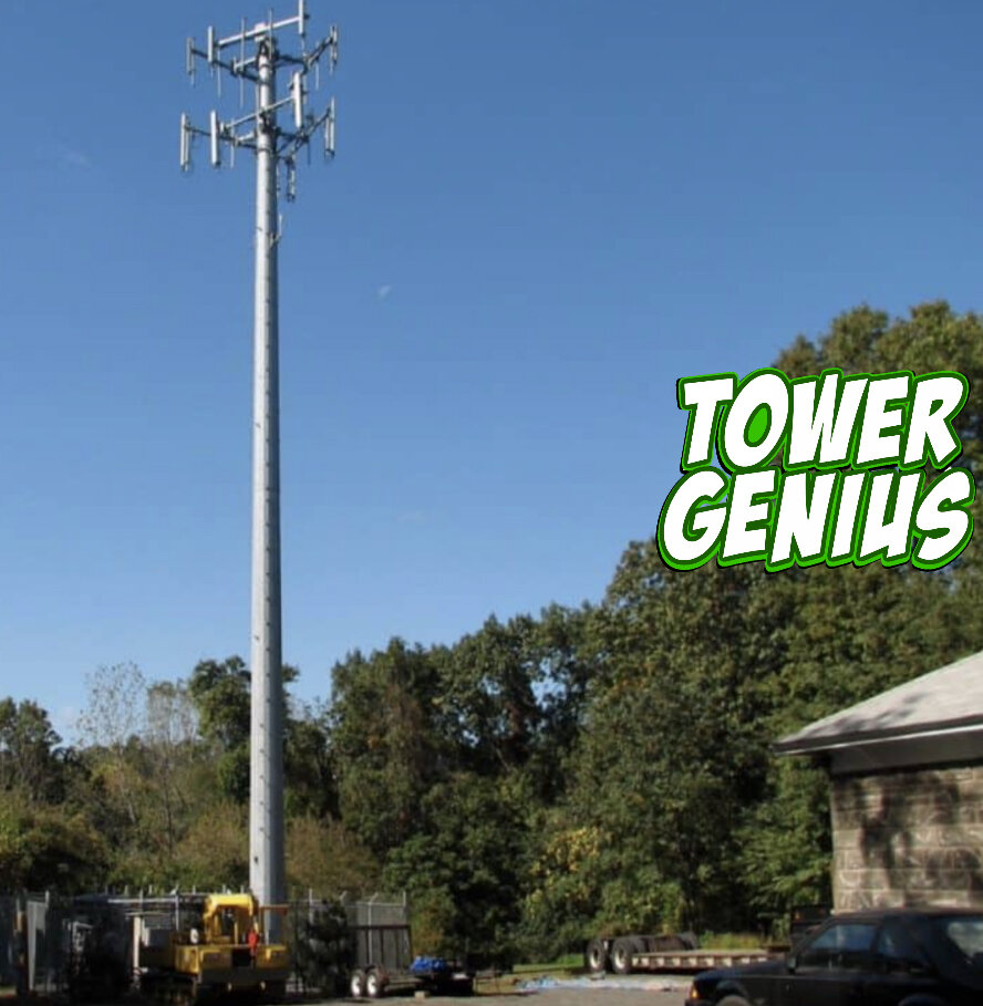 picture of an SBA cell tower with Tower Genius logo