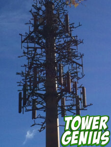 New cell tower tree pole with Tower Genius cell tower lease consulting logo.