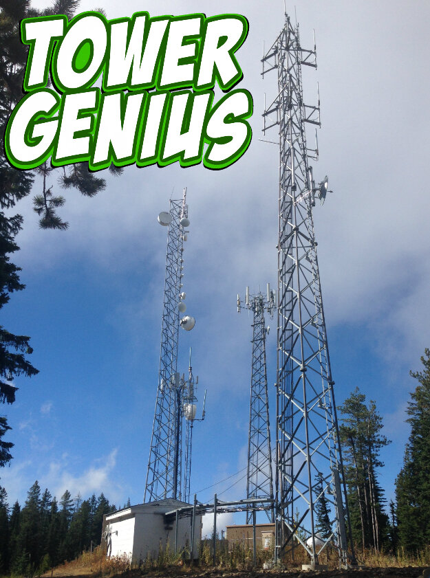 Picture of several lattice cell towers with Tower Genius Logo.