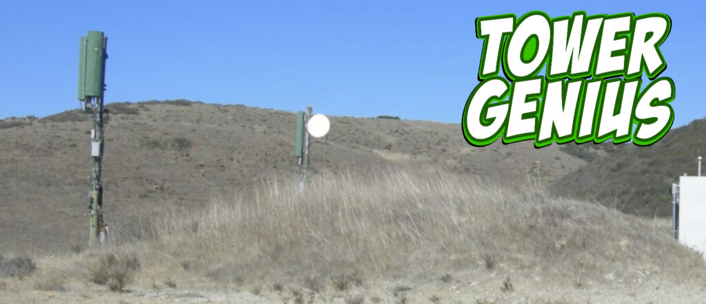Cell tower ground lease on a mountaintop in California with a Tower Genius logo.