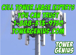 Picture of cell tower monopole with cell tower lease experts and Tower Genius logo. Cell tower lease experts you can trust. 888-313-8750