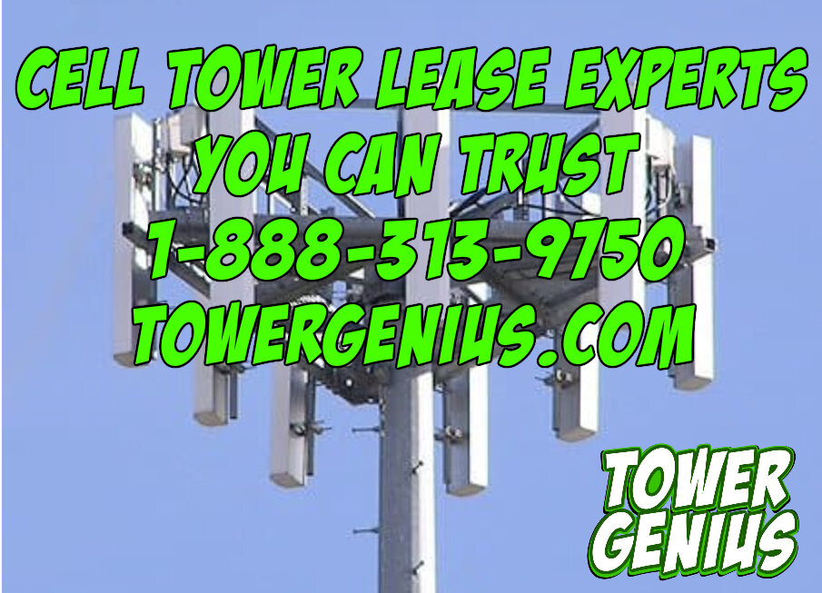 Picture of cell tower monopole with cell tower lease experts and Tower Genius logo