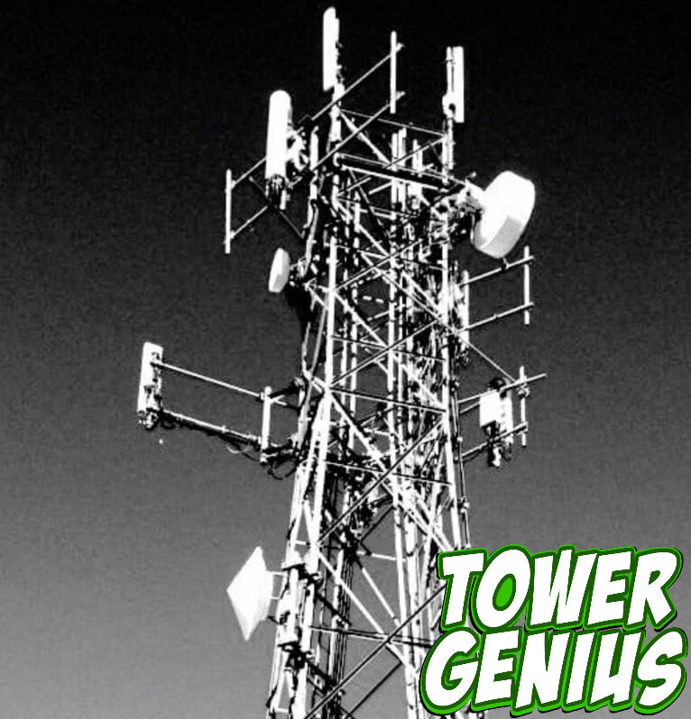 black and white lattice cell tower with tower genius logo